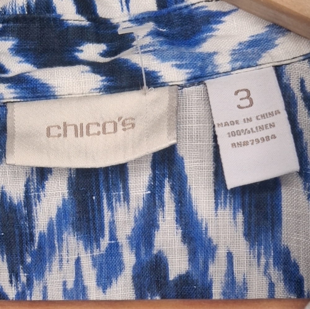 Chico's Linen Womens Tunic Button Shirt 3/4 Sleeve Blue White Abstract Size  XL - Picture 2 of 14